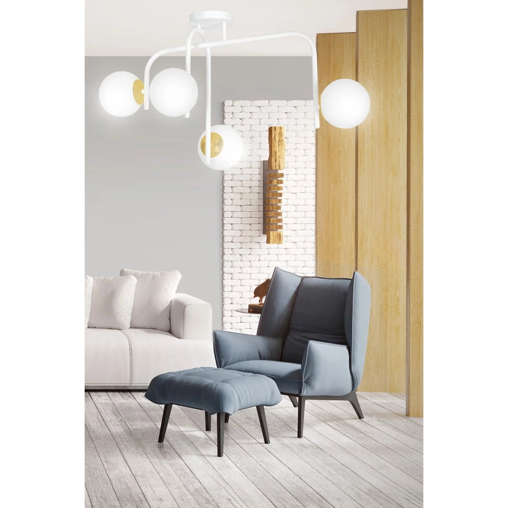 Lampadario 4 Luci Kalf In Acciaio Bianco A Bracci E Sfere In Vetro Opalino E Oro