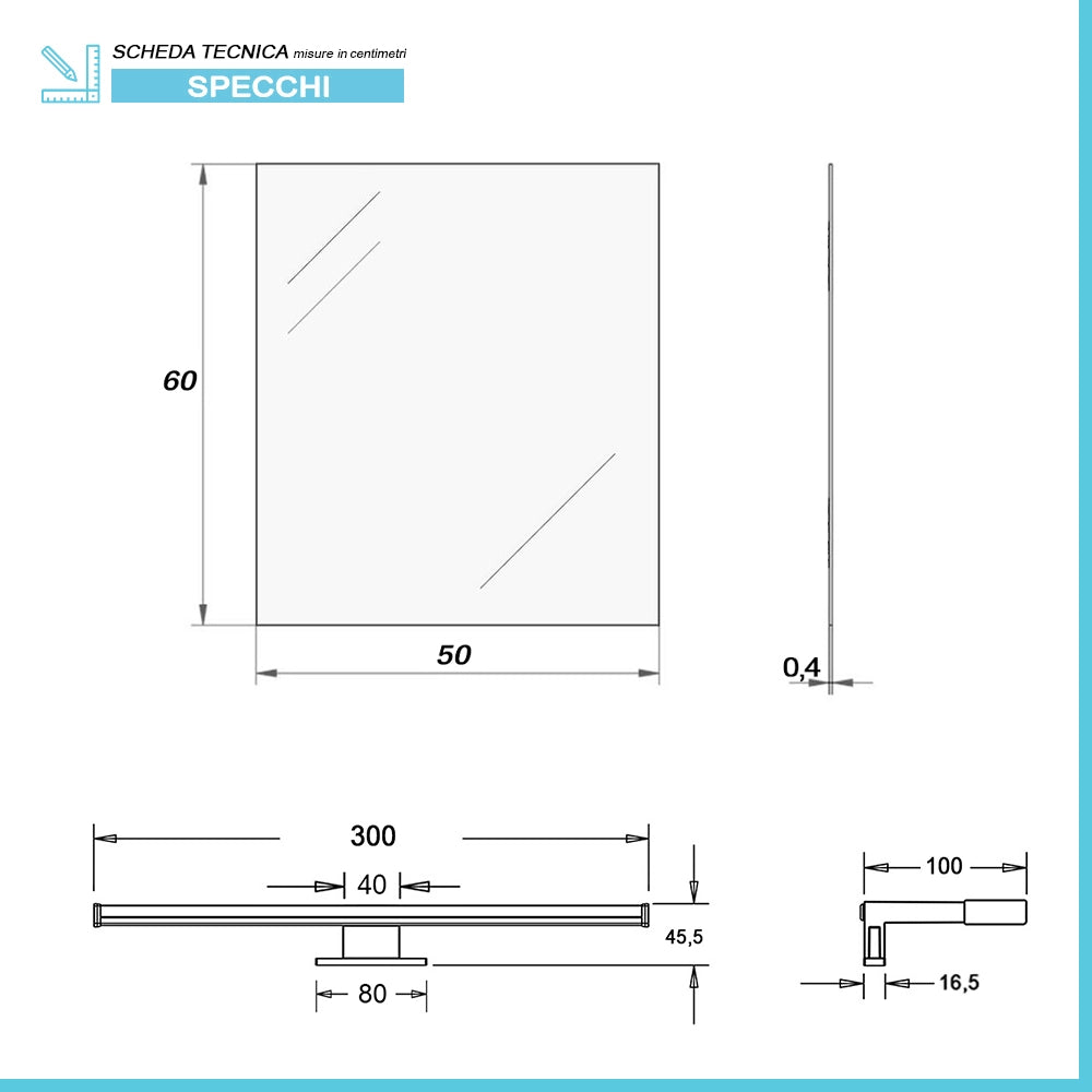 Specchio bagno 50x60 a filo reversibile con lampada naturale 30 cm
