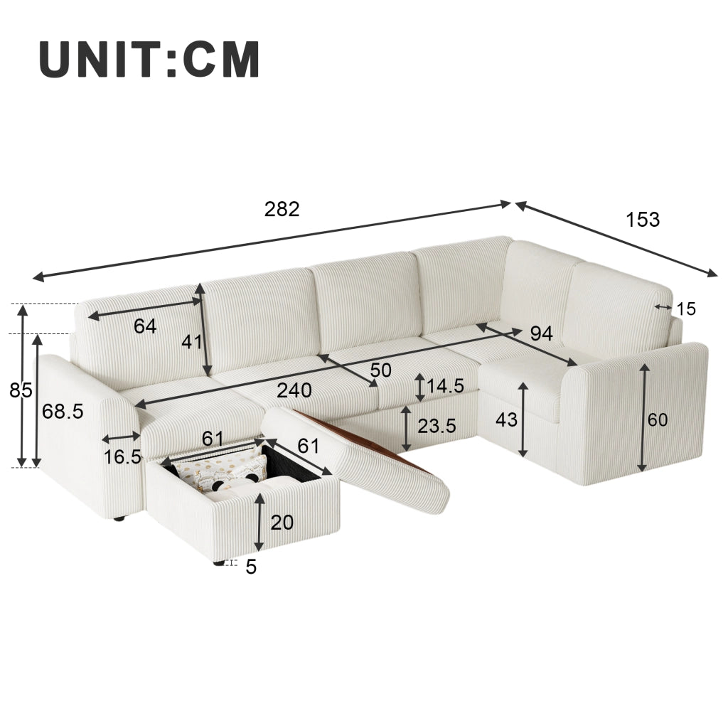 Divano Angolare con Poggiapiedi ¨C MINIMAL ¨C Velluto a Coste Beige, 282x85x153 cm