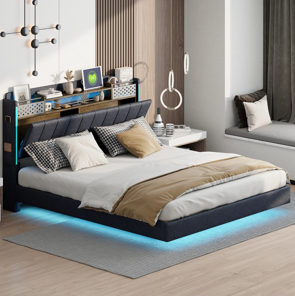 Letto imbottito 160x200 cm con LED; USB e contenitore nella testiera; grigio