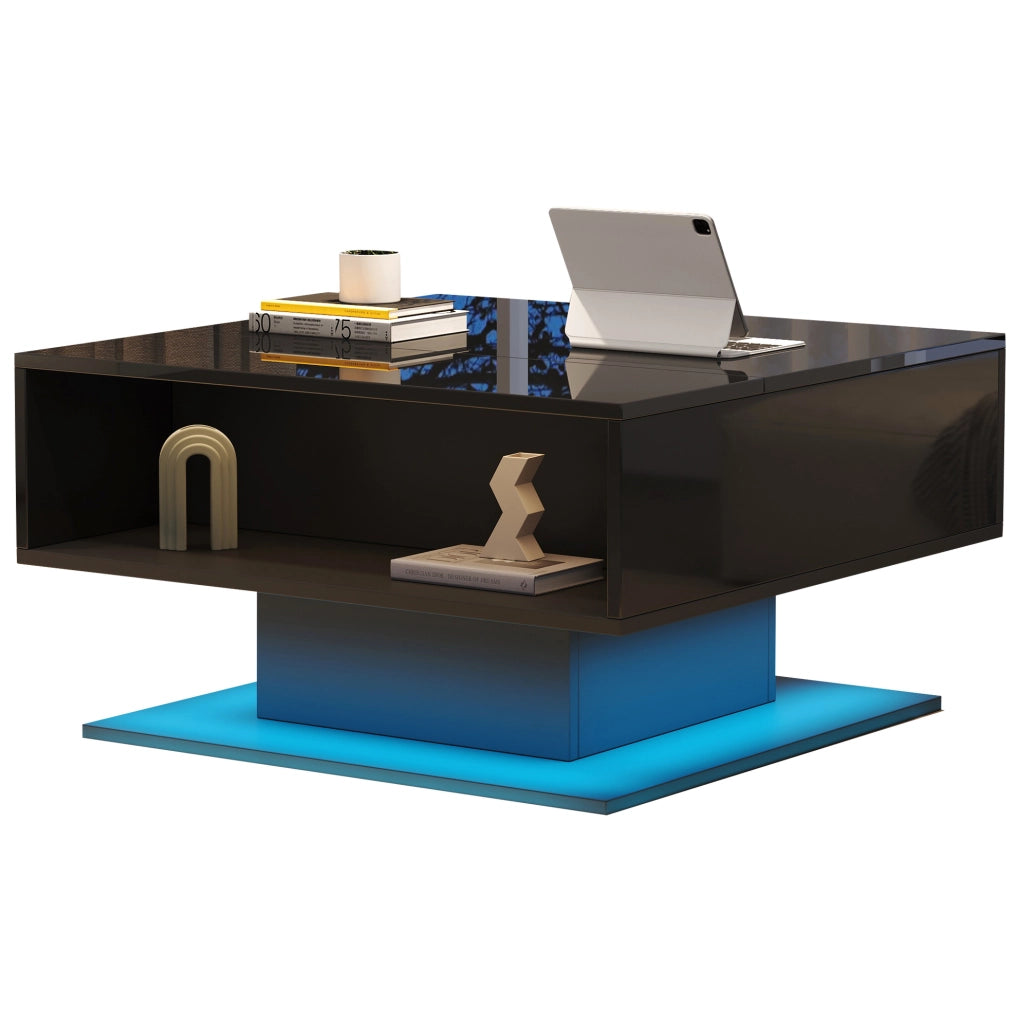 Tavolino da caffè 80x75x40 cm sollevabile con vano portaoggetti e LED in truciolato nero