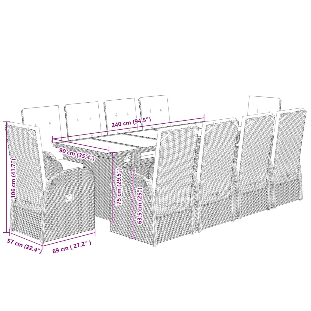 Set da Pranzo da Giardino 11pz con Cuscini in Polyrattan Grigio 3277604