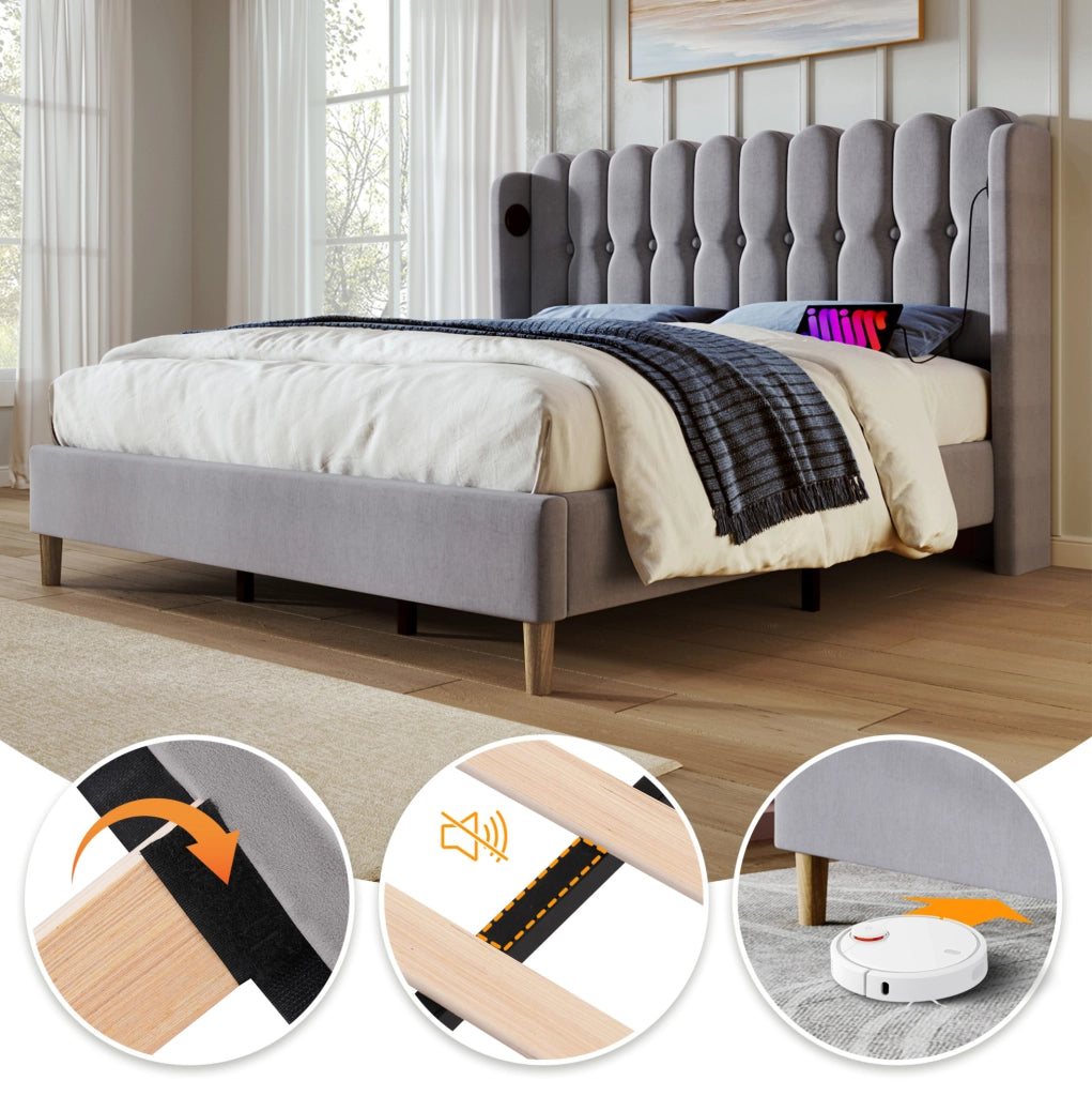 Letto matrimoniale imbottito 140x200 cm in lino grigio con testiera e porte USB e USB-C