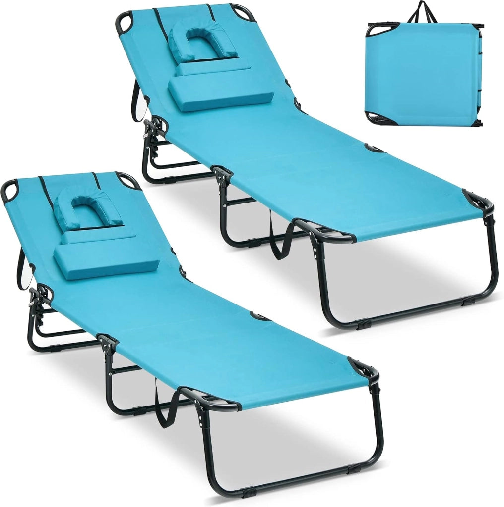 Lettino Pieghevole Spiaggia, Lettino Sdraio da Mare con Foro per il Viso e 3 Cuscini Rimovibili, Schienale Regolabile 5 Posizioni, Lettino Prendisole da Campeggio, Portata 160kg (1, Blu)