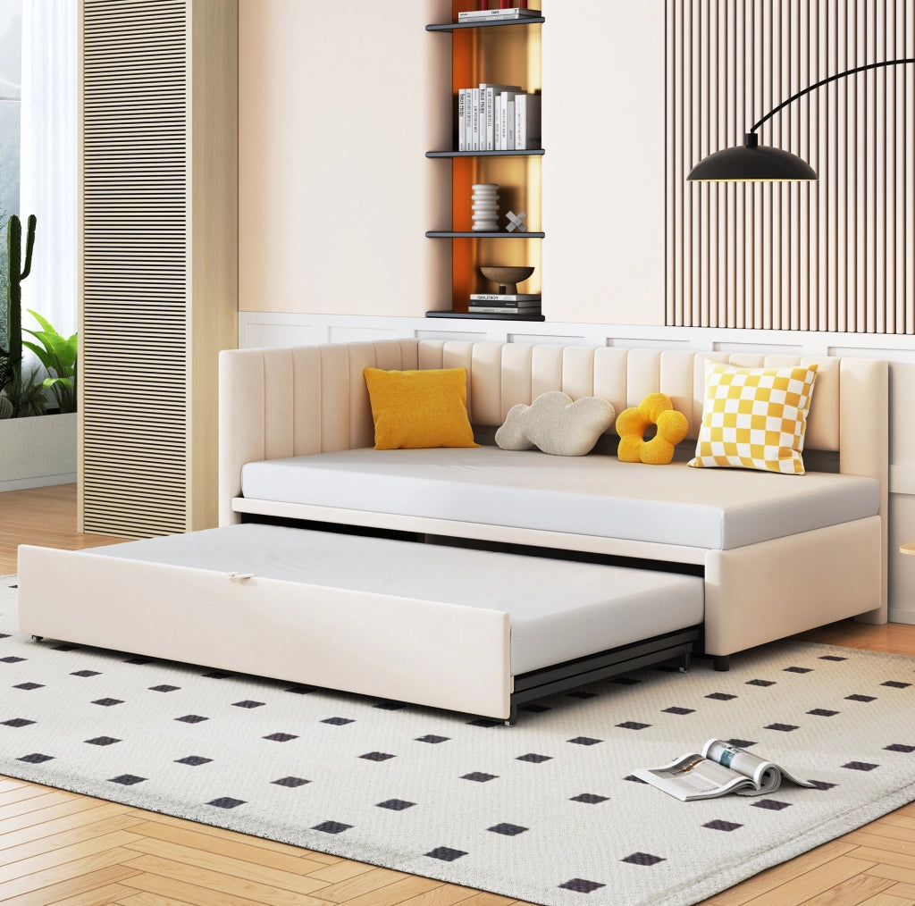 Divano letto a L estraibile 90x200 cm in velluto beige