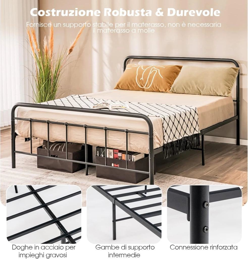 Struttura del Letto in Metallo, Telaio da Letto con Testiera e Pediera, Piattaforma Letto con Doghe in Acciaio, Carico Massimo 300kg (200cm x 160cm)