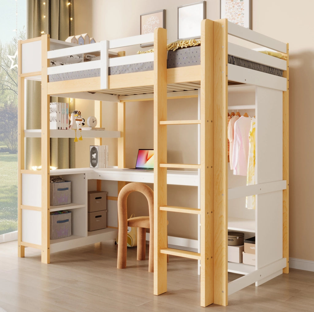 Letto a soppalco 90x200 cm con scrivania, scaffali e armadio