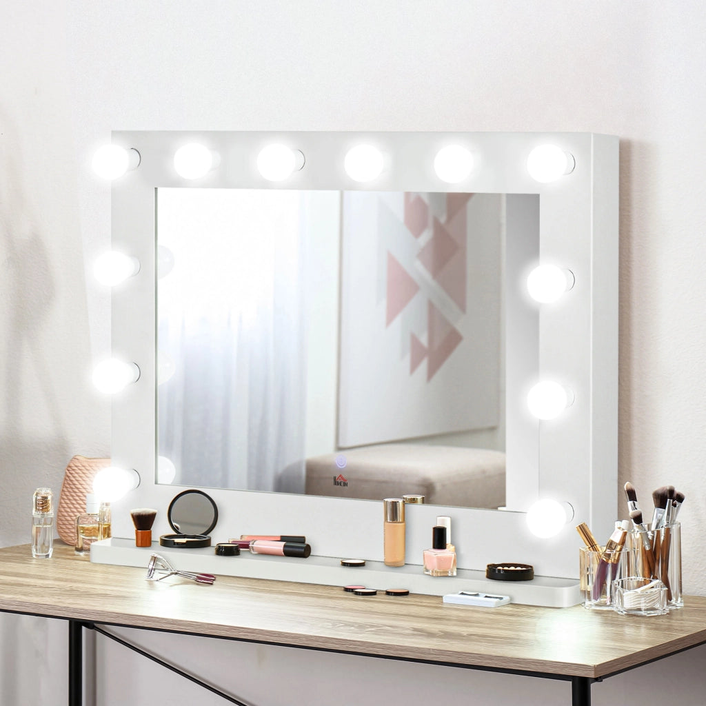 Specchio Trucco Hollywood con 12 LED Touch Dimmerabile in Metallo e MDF Bianco