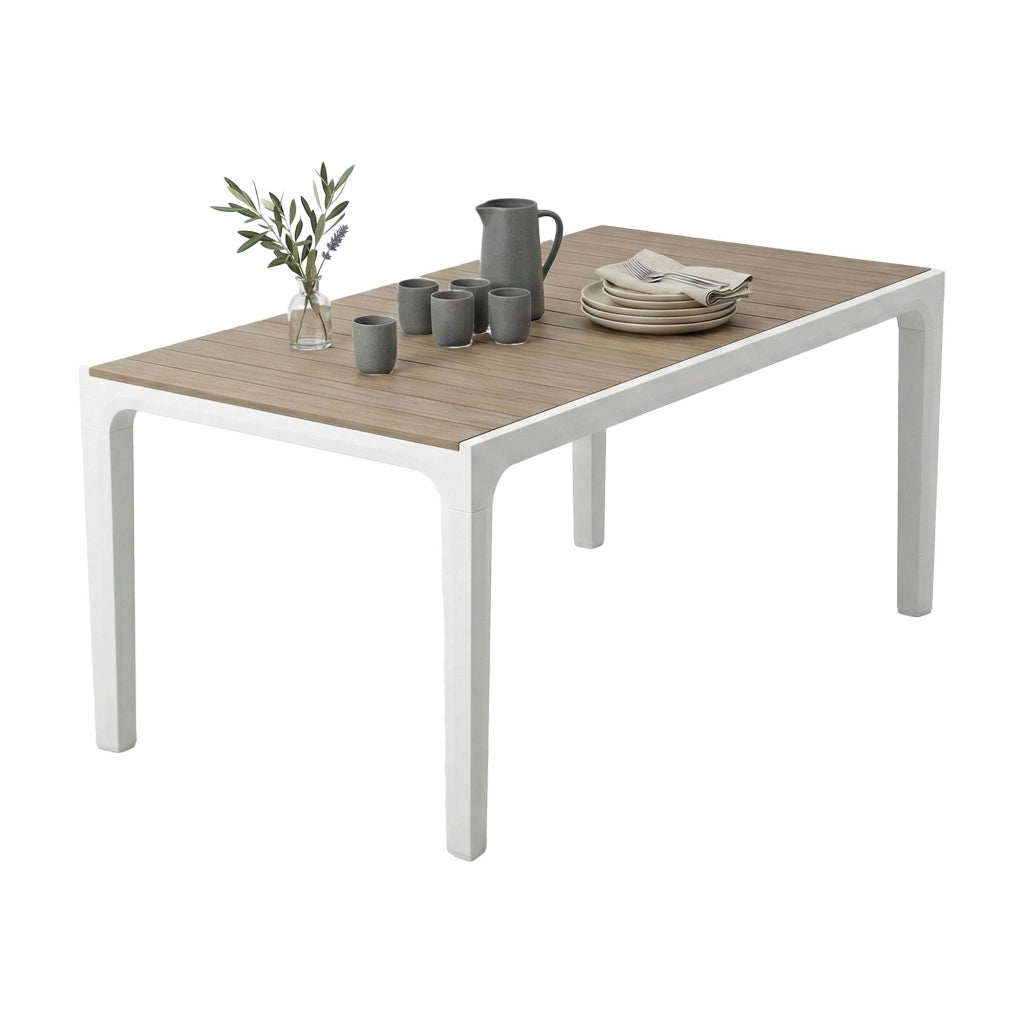 Tavolo da esterno Innisfail, Base per picnic, Piano da pranzo da giardino, Banco outdoor multiuso, 160x90 h74 cm, Bianco e Tortora