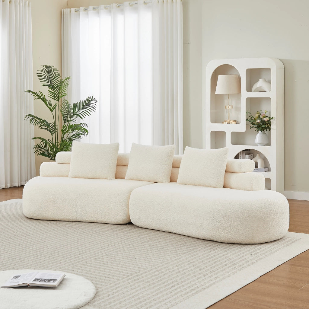 Divano modulare curvo 2 pezzi in ciniglia beige con 3 cuscini schienale