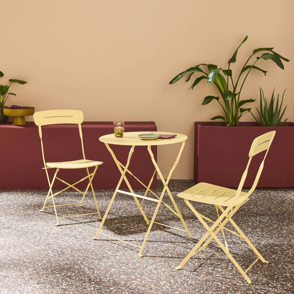 Set tavolo da giardino bistrot pieghevole rotondo in acciaio, 2 sedie,