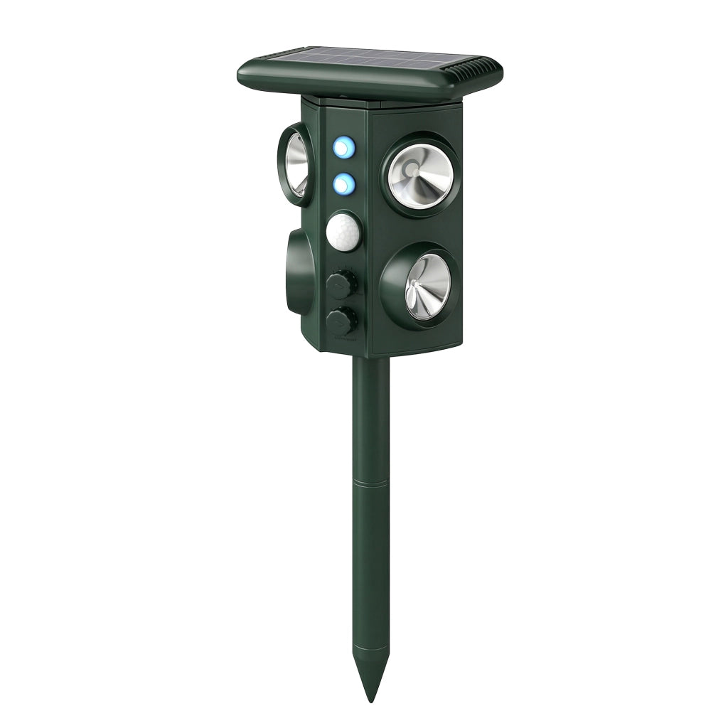 Repellente Solare Ultrasonico per Gatti, 5 Modalit¨¤, Sensore PIR, Flash LED