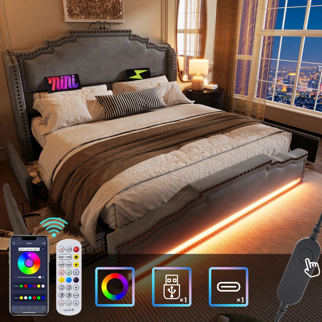 Letto matrimoniale in velluto grigio 180x200 4 cassetti LED USB-C doghe
