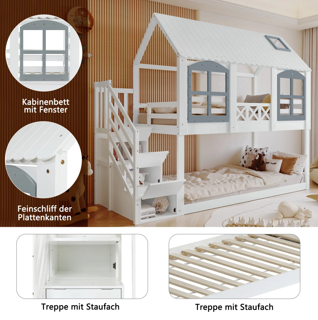 Letto a castello con tetto e finestre, scala contenitore 3 vani, bianco e grigio 90x200 cm