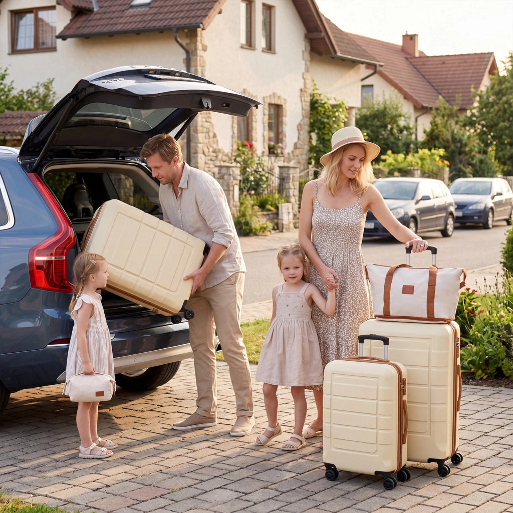 Set di 5 pezzi valigie da viaggio con 1 bagaglio a mano e 1 borsetta lucchetto a codice, Set 3 valigie rigide in abs Beige