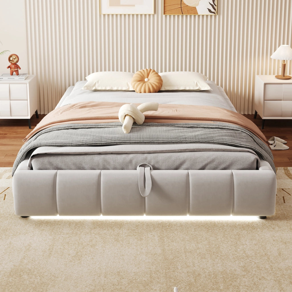 Letto imbottito 140 x 200 cm con struttura idraulica, luce LED bianca, contenitore salvaspazio, senza testiera, beige