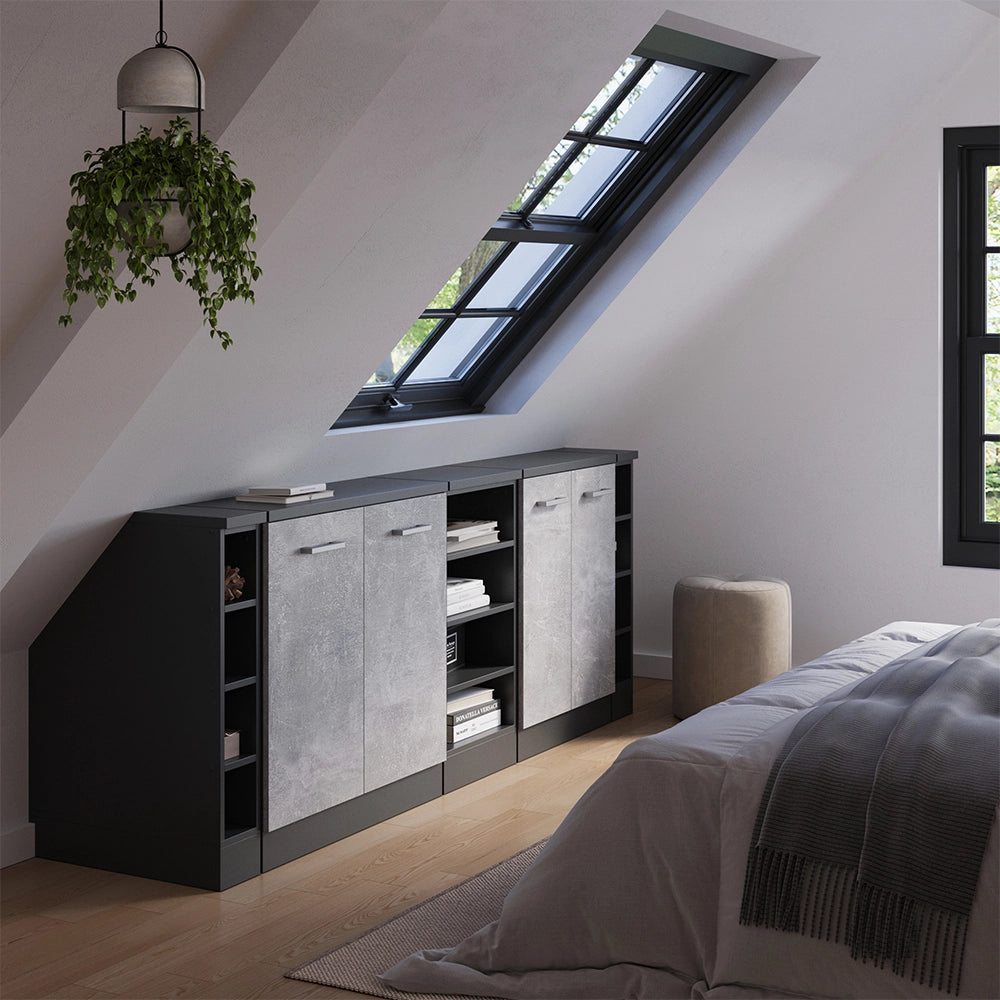 Set di mobili sottotetto Rion Calcestruzzo/Antracite 210 cm Set di 5 carcasse armadio profondità 60 cm Vicco