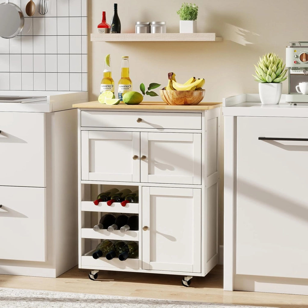 Carrello da Cucina Interno e Esterno, 1 Cassetto + 3 Ante + 3 Porta Vino, Credenza Mobile con 2 Ruote Bloccabili, Salvaspazio, Portata di 30 kg, 67x37x86 cm, 2 Colori (Bianco)