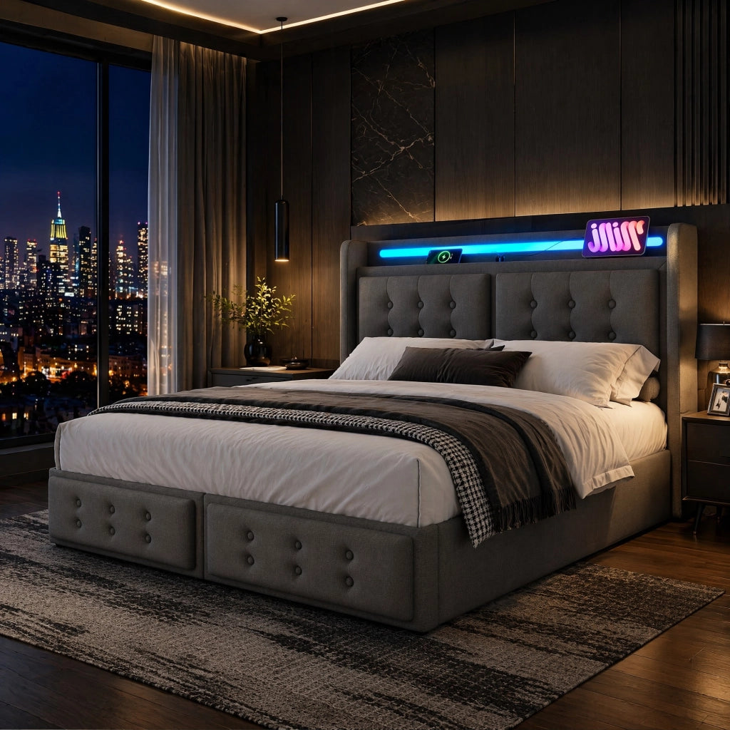 LETTO imbottito 140x200 cm in tessuto cotone-lino grigio con LED e porte USB