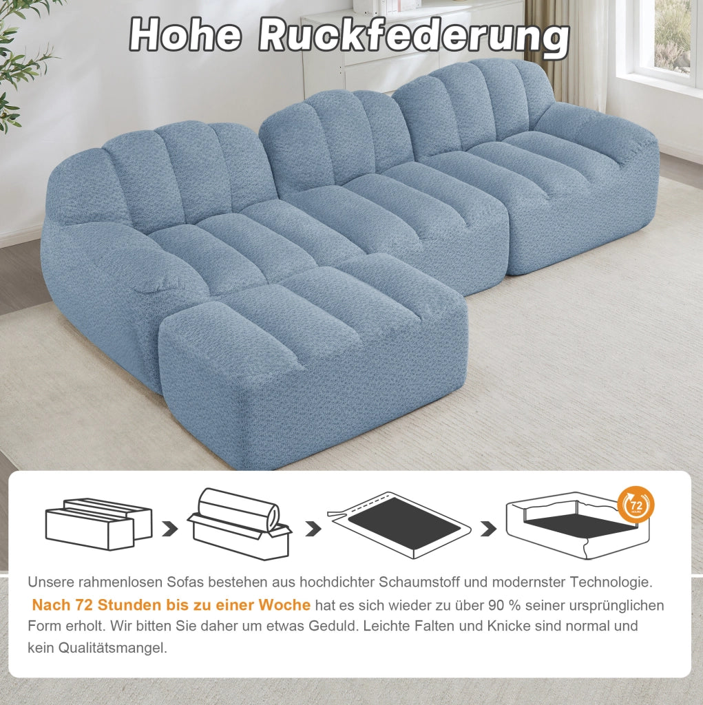 Divano modulare angolare 3 posti con ottomana 288x165x79 cm in fleece granulare blu