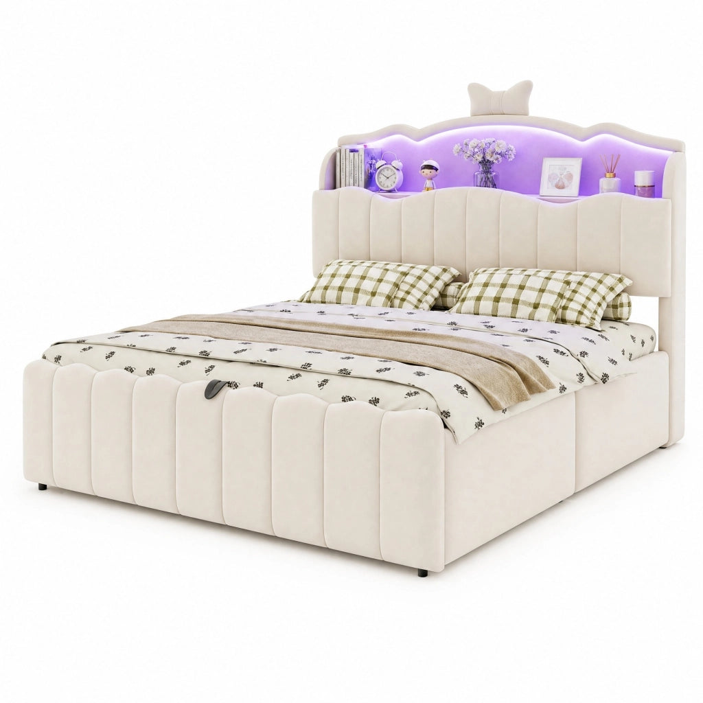 Letto contenitore 140 × 200 cm imbottito in velluto con LED variabile porte USB e USB-C beige