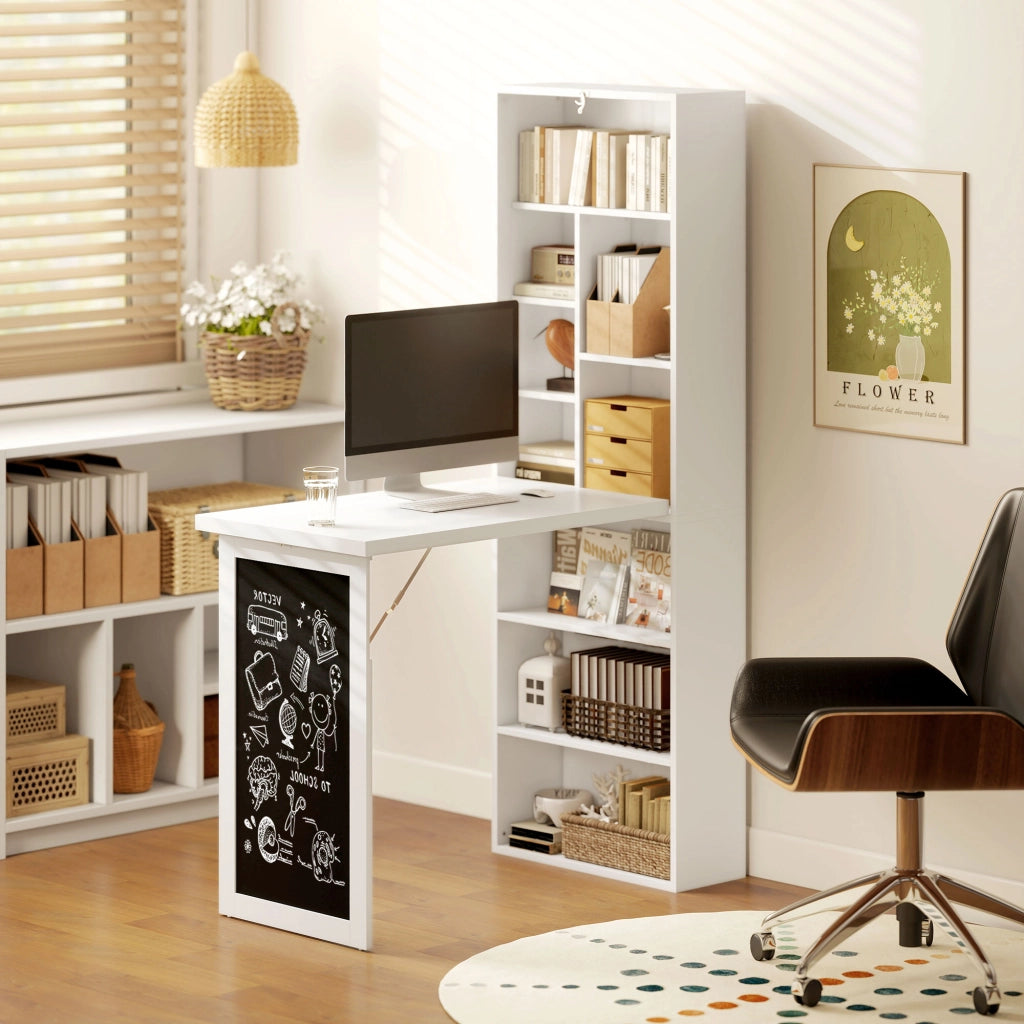 Scrivania PC con Libreria 9 Ripiani ¨C zephmum ¨C Legno e Metallo Bianco 98x51x153 cm