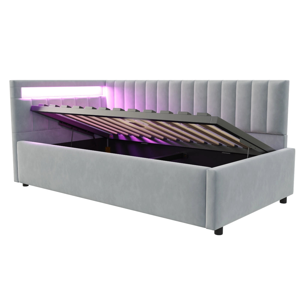 Letto imbottito 90x200 cm con LED, contenitore idraulico, tessuto effetto velluto, grigio chiaro