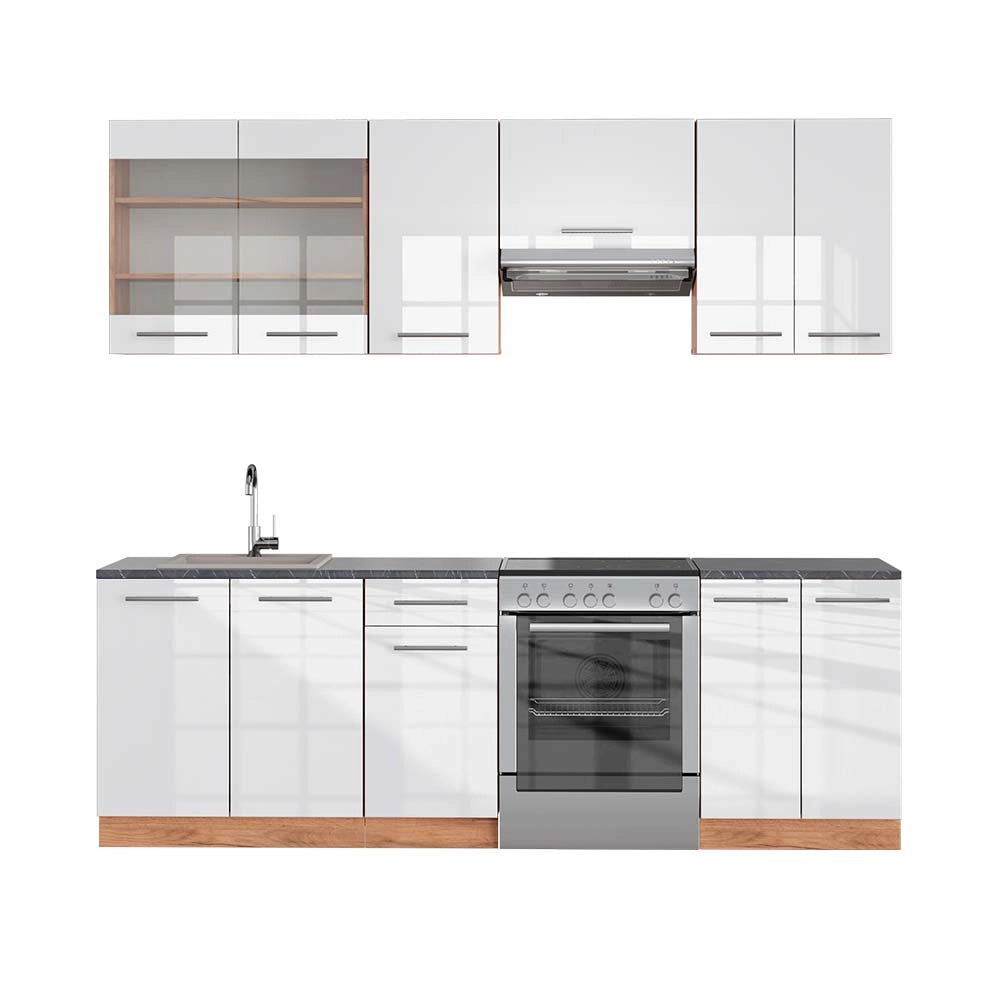 Cucina componibile Fame-Line Bianco lucido/Rovere dorato 240 cm, PL Antracite Vicco