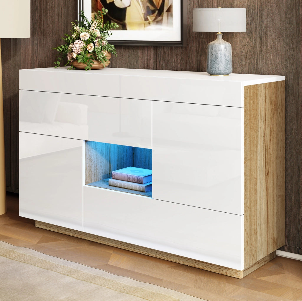 Credenza bianca con LED RGB, 2 ante e 2 cassetti, 120 cm