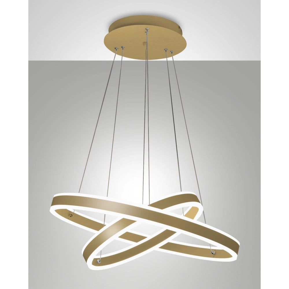 Lampada a Sospensione LED Palau 108W 3000K Dimmerabile Ø60 e Ø40 cm Oro Opaco - Due anelli in Metallo e Metacrilato