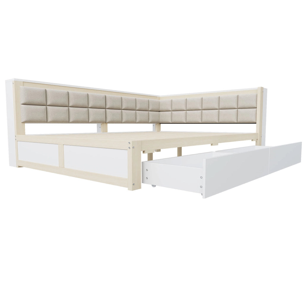 Divano letto in legno 140x200 cm con schienale imbottito e 2 cassetti; colore naturale