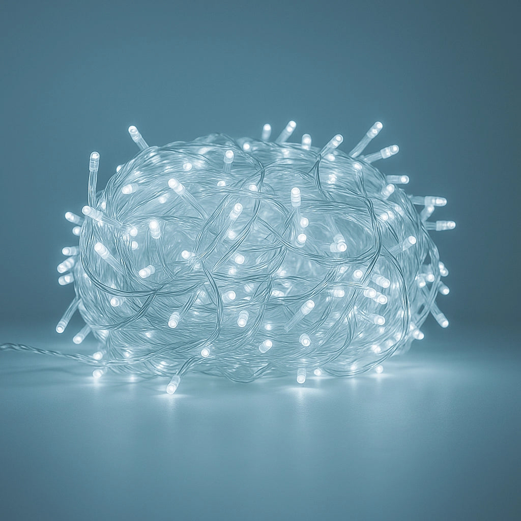 Luci Led per albero di natale decorazione con 8 giochi luce da 10/20/30/50 metri colori misti certificate IP65 prolungabile LUNGHEZZA: 30 mt - 300 led, COLORE LED: BIANCO FREDDO