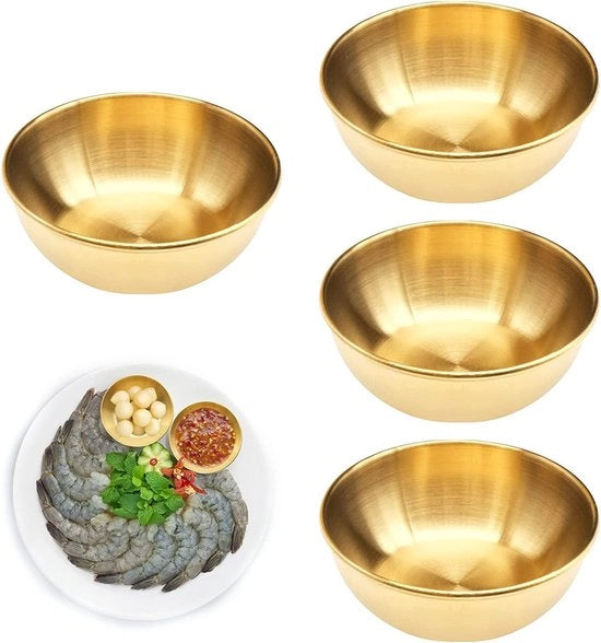 4 set di ciotole in acciaio inossidabile mini, piatti per salse dorati, piatti per salse, ciotole rotonde per dips, ciotole per snack, ciotole per servire piccole