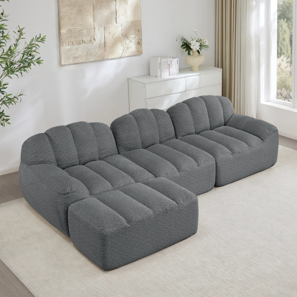 Divano angolare modulare 3 posti con pouf, schienale ergonomico e seduta ampia in fleece grigio 288 × 165 × 79 cm