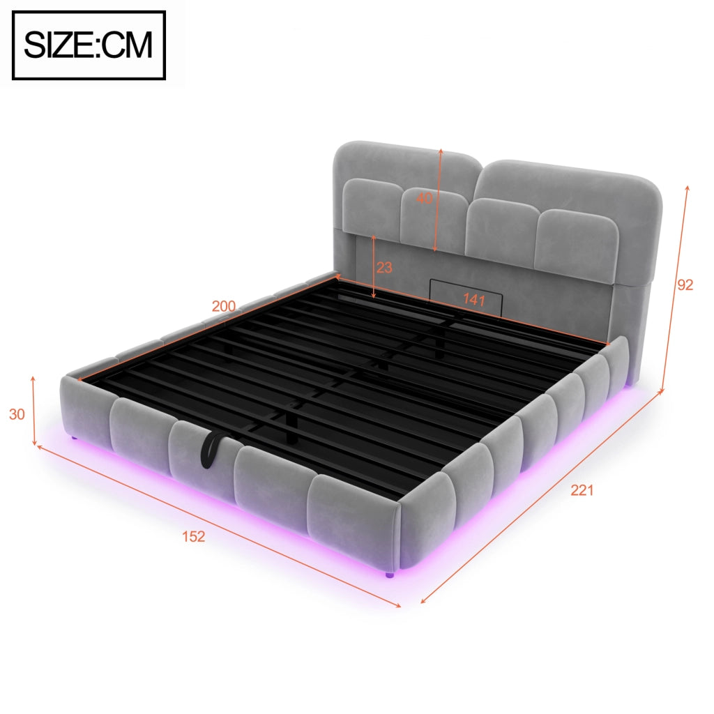 DESMIU Letto contenitore matrimoniale 140 × 200 cm con vano idraulico e LED, senza materasso, velluto grigio