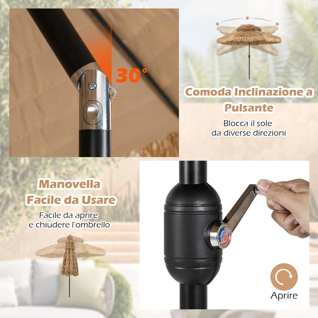 Ombrellone da Spiaggia 300 cm, Ombrellone Hawaiano in Paglia PE con 8 Stecche, Manovella Manuale, Inclinazione Regolabile, per Spiaggia, Patio (300 cm/0 Luci)