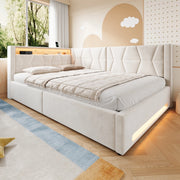 Letto imbottito 140x200 cm con contenitore; LED; USB e Type-C in velluto beige