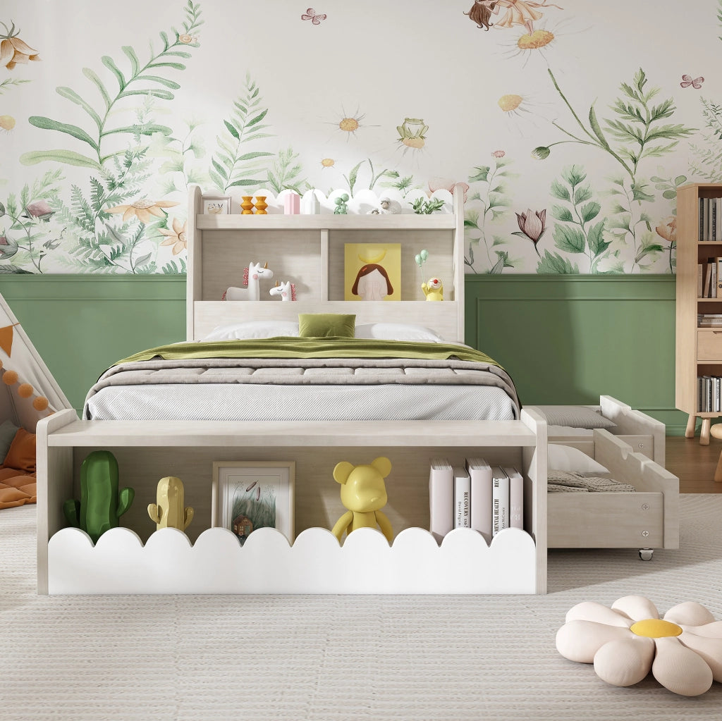 Letto singolo 90x200 cm con cassetti; ripiani e rete a doghe; legno massello e MDF; bianco/eiche
