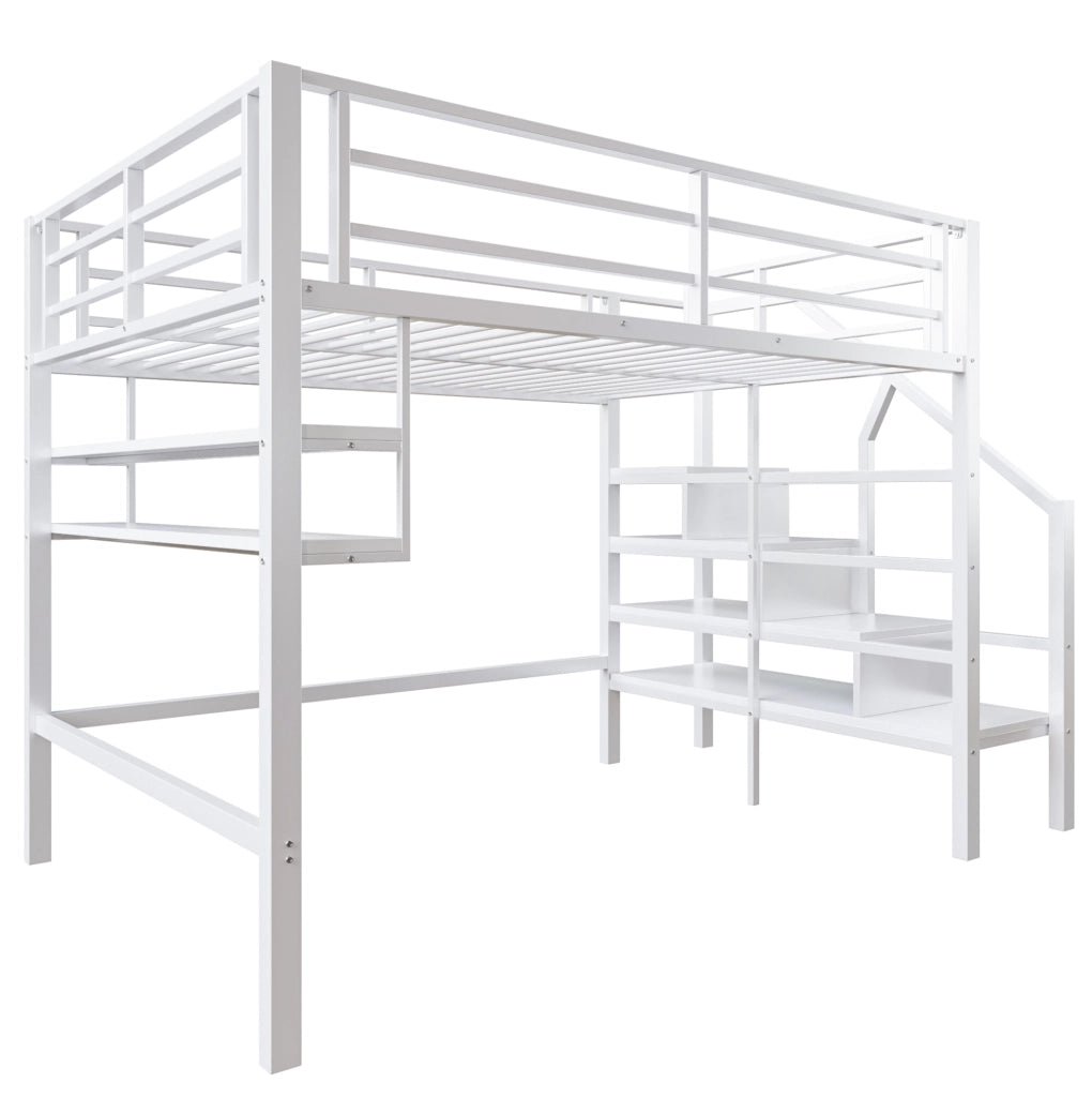 Letto a castello 140x200 cm con scaffali e scala contenitore; metallo; bianco (Senza materasso)