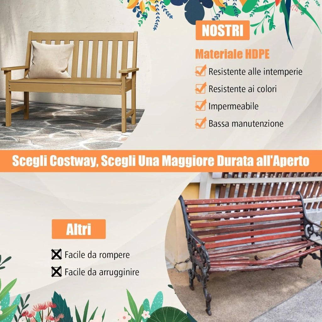 Panchina da Esterno, Panca da Giardino in HDPE Resistente con Schienale e Braccioli, Panchina da Parco, Balcone, Spogliatoio e Cortile, 132 x 65 x 91 cm (Naturale)