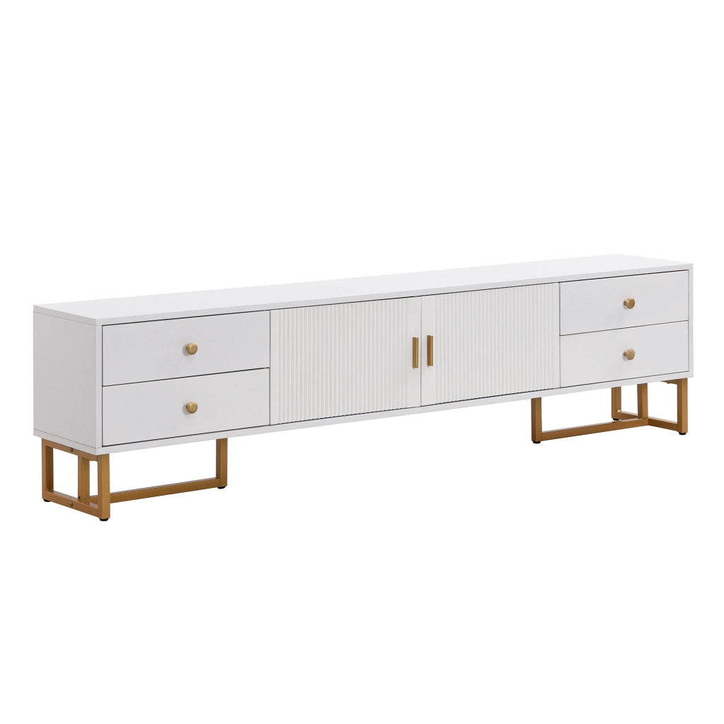 Mobile TV bianco MDF 175 cm con ante strutturate, 4 cassetti e maniglie dorate