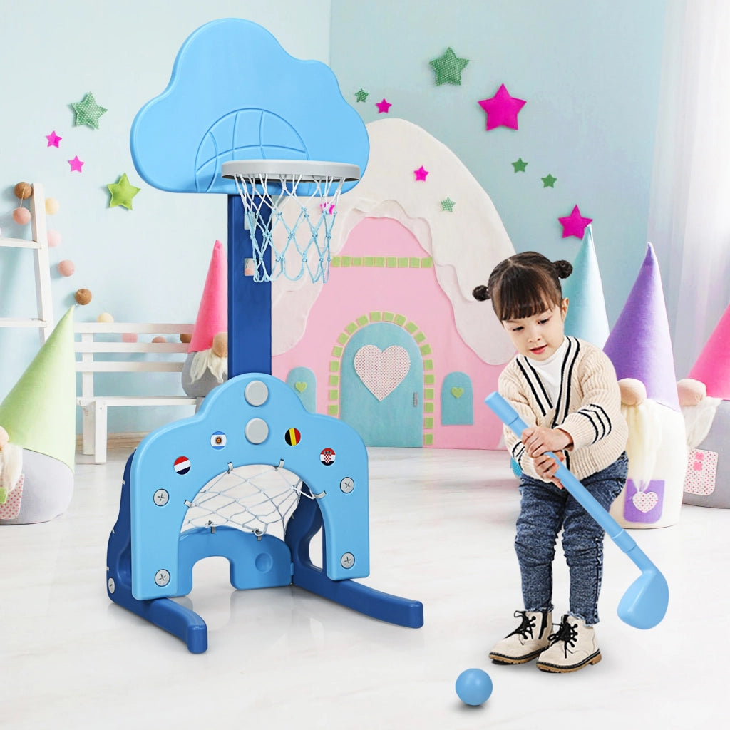 Canestro da basket 3 in 1 con 5 altezze regolabili, Canestro da basket e gioco del golf per bambini Blu