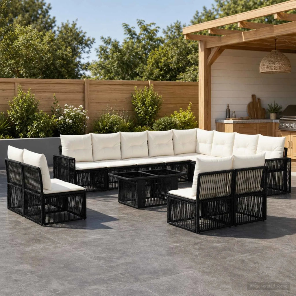Set Divano da Giardino 13 pz Nero e Bianco Crema polyrattan 3436864