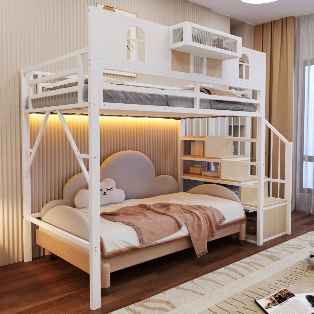 Letto a soppalco in metallo 90x200 cm con scala contenitore; mensola e luce; bianco