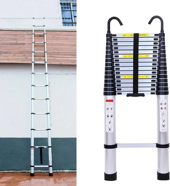 Scala Telescopica Estendibile - 6.2 m - Ladder Zavorrata - Con Ganci - 14 gradini - Multifunzionale - Facile da ripiegare - Alluminio