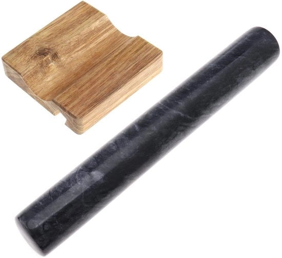 Rolla per pasta in marmo - finitura lucida francese - piastra di supporto in legno - supporto per smartphone - rotolo per pasta - forno - cibo da forno - pizza - 30 cm - nero.