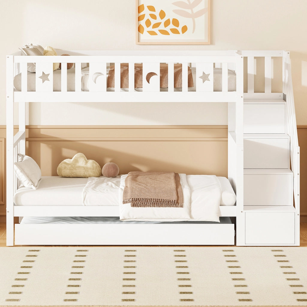 Letto a castello per bambini con letto estraibile e scala contenitore; 90x200 cm; bianco