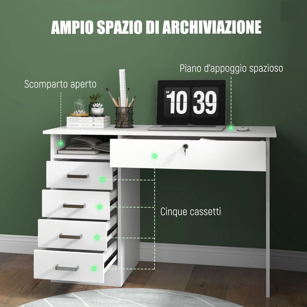 Scrivania Moderna con 5 Cassetti e Scomparto Aperto con Serratura e 2 Chiavi. 110x50x76cm. Bianco