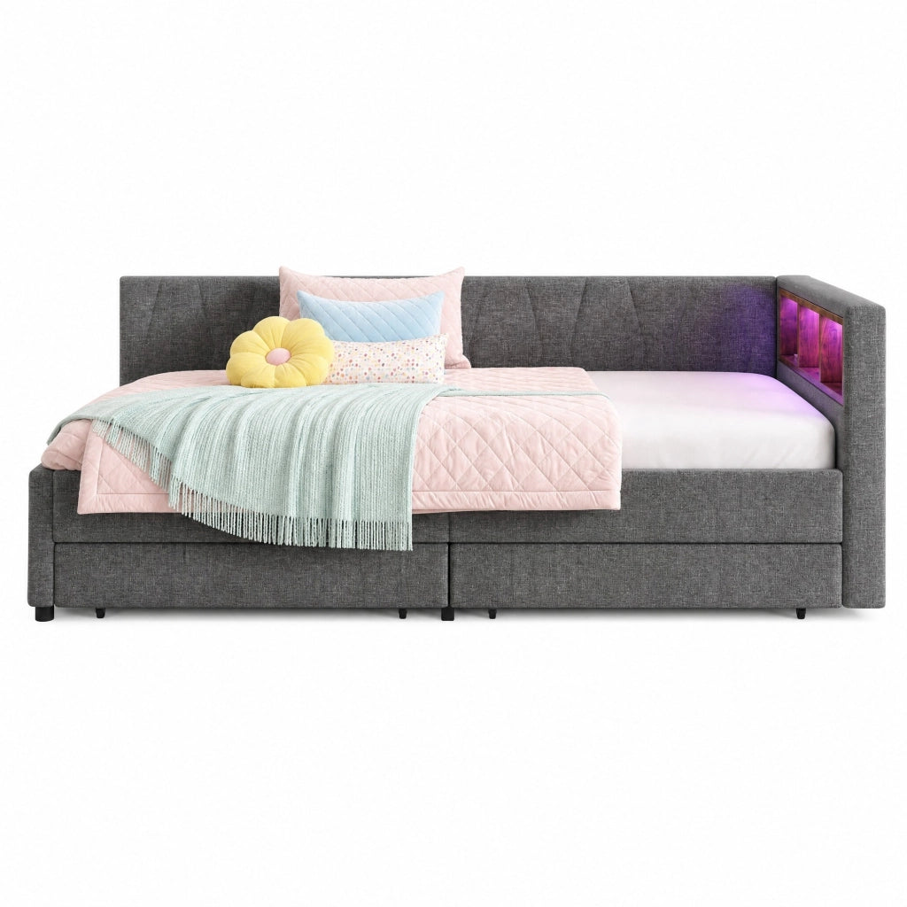 Letto daybed 90x200 cm in lino grigio con LED; USB e Type-C; 2 cassetti e vani contenitore