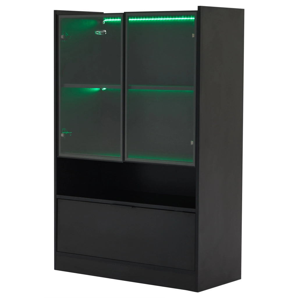 Vetrina con LED e ante in vetro temperato, vano ribaltabile, per soggiorno, in truciolare, nero, 120 × 80 × 35 cm